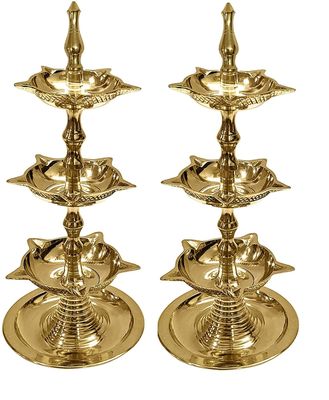 SATVIK 2Pc Standing Brass Kerala Samai Diwali Deepak for Puja Traditional Panchmahal Pooja Deepam Diya Oil Lamp Kutthu Vilakku Dia 3 in 1 Step Adjustable 8.5 inch Deepawali Indian Gift Item