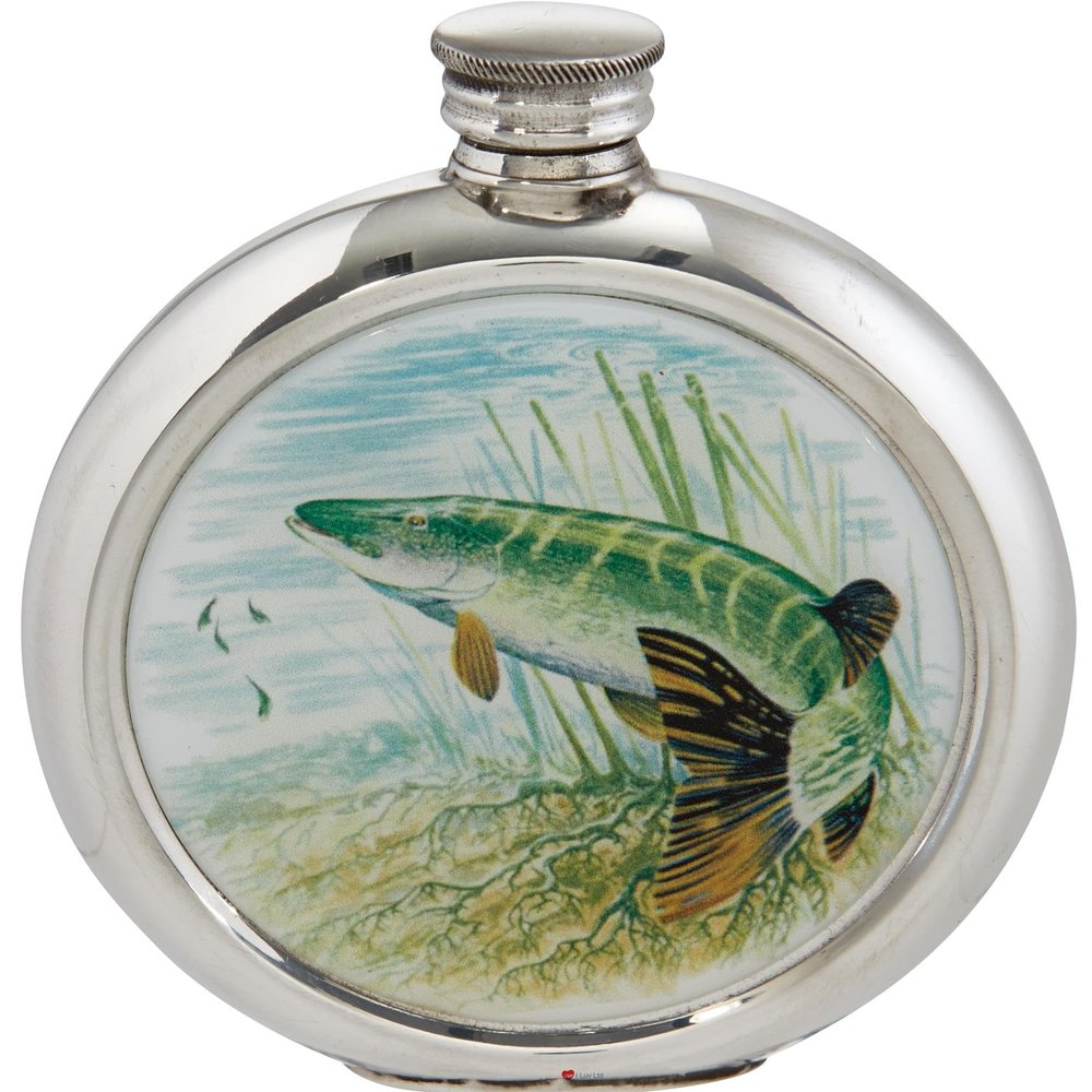 Round 6oz Game Fish Pike Picture Insert Pewter Hip Flask with Unique Colour Picture Set into Front Recess Bright Polished Finish Screw Top Hip Flasks for Men