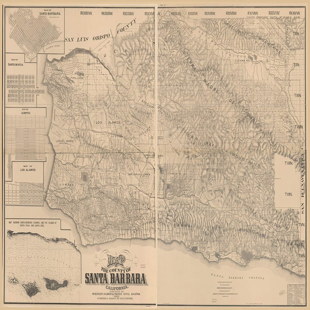 16" x 24" 1889 Map of The County of Santa Barbara California