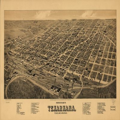 14" x 24" 1888 Perspective Map of Texarkana Texas & Arkansas