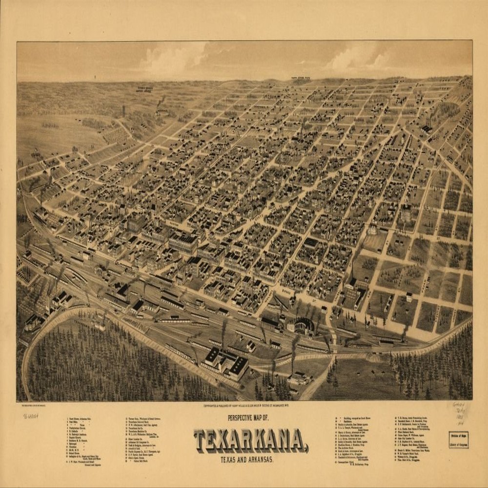 14" x 24" 1888 Perspective Map of Texarkana Texas & Arkansas