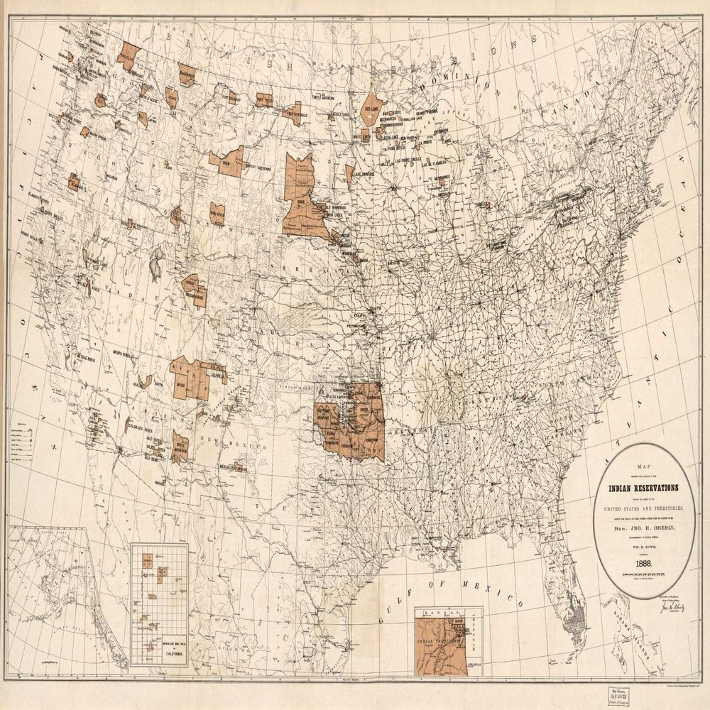 16" x 24" 1888 Map Showing The Location of The Indian Reservations Within The Limits of The United States & Territories