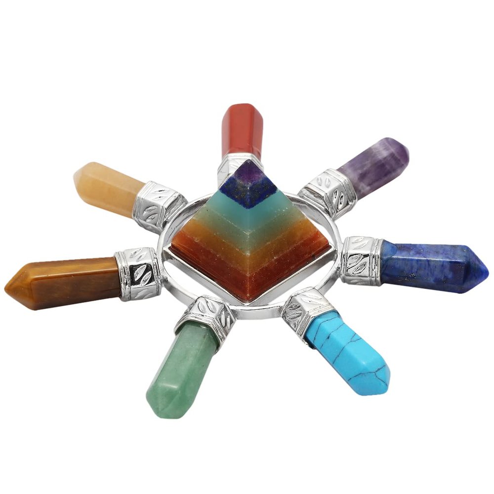 Rockcloud Pyramid & 7 Chakra Points Energy Generator,Reiki Healing Crystal Stone,Mixed Stone