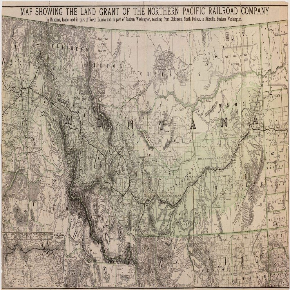 12" x 24" 1890 Map Showing The Land Grant of The Northern Pacific Railroad