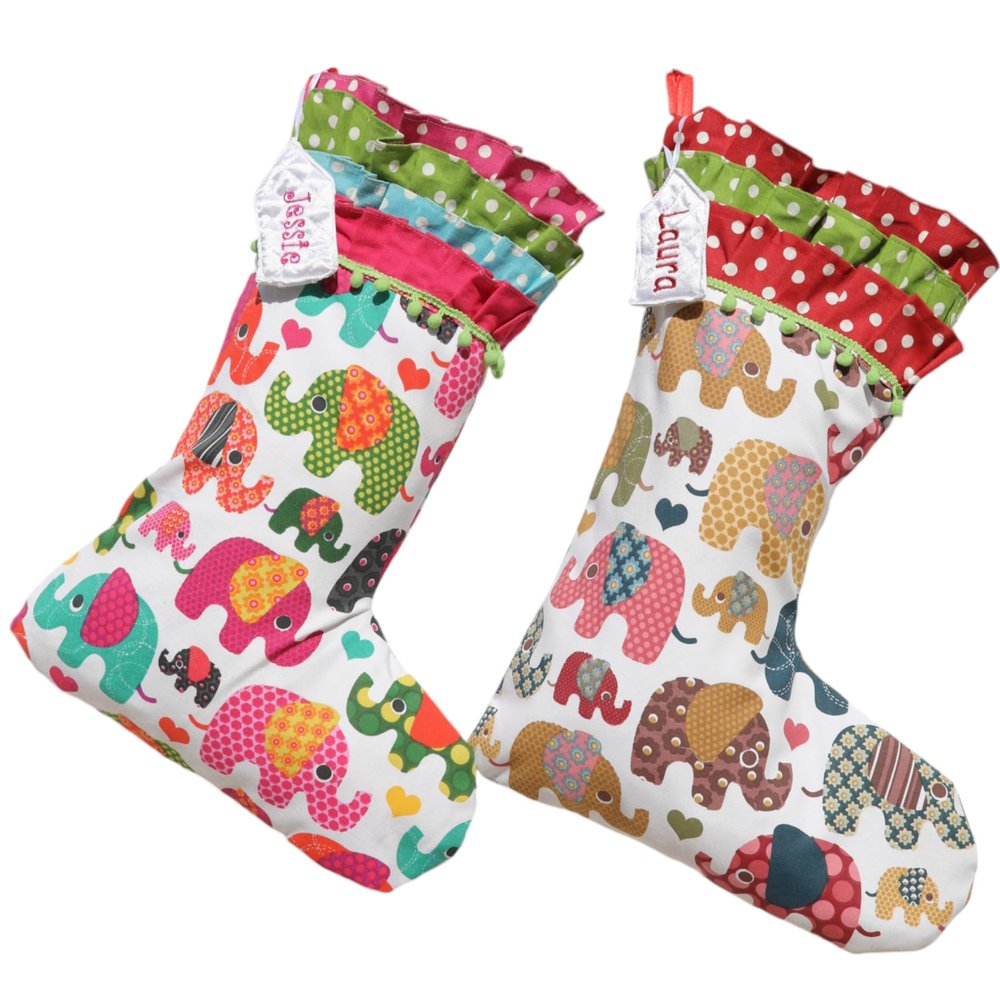 Elephant Christmas Stocking with Embroidery Personalized Name Tag - Baby's First Christmas, Kid's Holiday Stocking Stuffer with Ruffles, 19 Inches