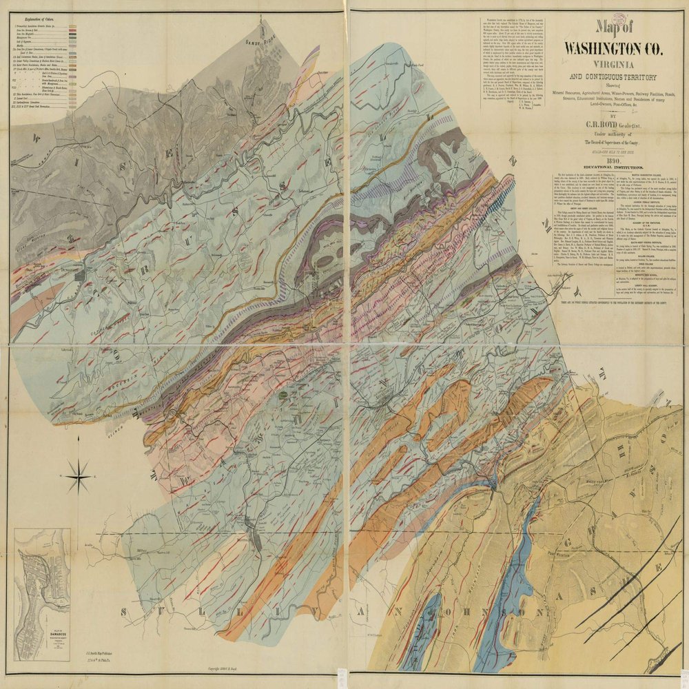 16" x 24" 1890 Map of Washington County Virginia & Contiguous Territory Showing Mineral Resources Agricultural Areas