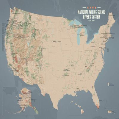 US National Wild & Scenic Rivers System Map 24x36 Poster (Tan & Slate Blue)