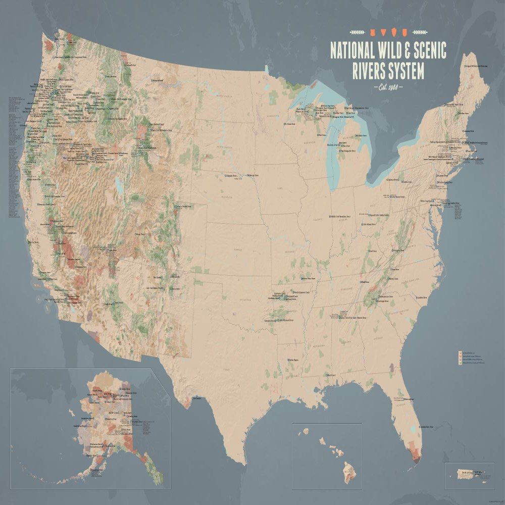 US National Wild & Scenic Rivers System Map 24x36 Poster (Tan & Slate Blue)