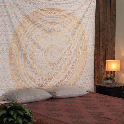 GDONLINE Gold Ombre Queen Size Tapestry Mandala Hippie Tapestry, Hippie Wall Hanging Tapestries, Bohemian Tapestries, Queen Mandala Blanket Throw Home Dcor