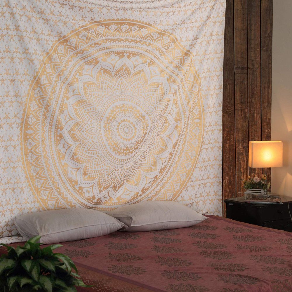 GDONLINE Gold Ombre Queen Size Tapestry Mandala Hippie Tapestry, Hippie Wall Hanging Tapestries, Bohemian Tapestries, Queen Mandala Blanket Throw Home Dcor