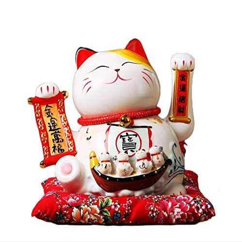 Chinese Feng Shui White Lucky Waving Cat Figure with Moving Arm Maneki Neko Waving Fortune Cat L31W24H27cm , 2