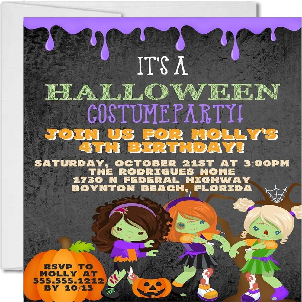 Halloween Birthday Party Invitations for Kids, Halloween Birthday Invitations for Girls and Boys (Girls Zombie)