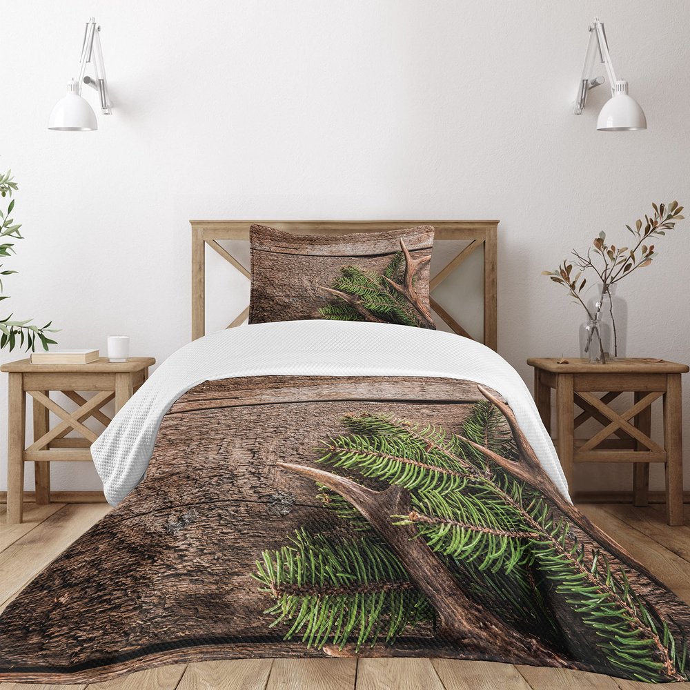 Ambesonne Antlers Bedspread, Evergreen Branch Deer Antler Against Rustic Wooden Background Print, Decorative Quilted 2 Piece Coverlet Set with Pillow Sham, Twin Size, Fern Green