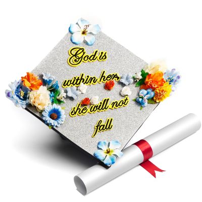 GRADWYSE Silver Glitter Graduation Cap Topper with Flowers, Graduation Cap Decorations, Class of 2025 Grad Cap Topper, God Is Within Her She Will Not Fall