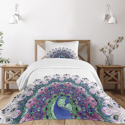 Ambesonne Peacock Bedspread Set, Peacock Illustration Exotic Wildlife Feather Ornament Vintage Oriental, 3 Piece Decorative Bedding Coverlet and 2 Pillow Shams, Twin Size, Violet Blue Green Pink