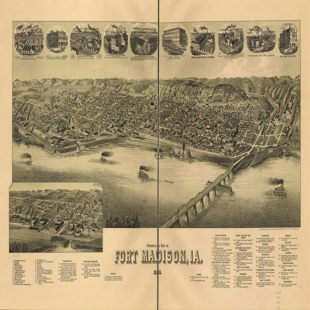 12" x 24" 1889 Perspective Map of Fort Madison Iowa