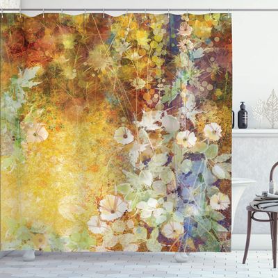 Ambesonne Autumn Shower Curtain, Composition of Fall Season Foliage with Earthy Colors Romantic Nostalgic Design, Cloth Fabric Bathroom Decor Set with Hooks, 69" W x 75" L, Yellow Almond Green