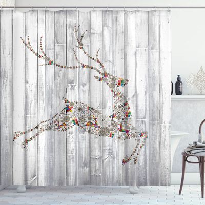 Ambesonne Deer Shower Curtain, Colorful Animal Silhouette Various Christmas Elements Wooden Planks Theme, Cloth Fabric Bathroom Decor Set with Hooks, 69" W x 84" L, Grey Multicolor