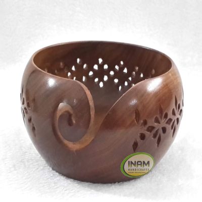 INAM Premium Quality, Antique Beautiful and Designer Hand Carved Wooden Decorative Drill Hole Yarn Bowl HANDICRAFTS