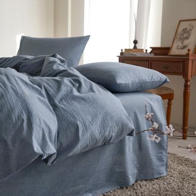 Wake In Cloud - Cotton Duvet Cover Set, King Size, Chambray Denim Blue, 100% Washed Cotton, Linen Like Textured, Breathable Percale Durable Comfy Farmhouse Neutral Bedding Set, 3 Pieces