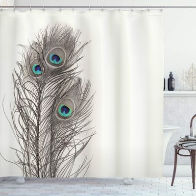 Ambesonne Peacock Shower Curtain, Feathers of Exotic Bird on White Backdrop Bohemian Wildlife Composition, Cloth Fabric Bathroom Decor Set with Hooks, 69" W x 75" L, Ecru