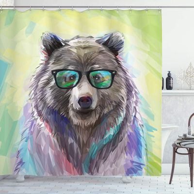 Ambesonne Animal Shower Curtain, Funny Cool Low Wild Hipster Bear with Spectacles Colorful Portrait, Cloth Fabric Bathroom Decor Set with Hooks, 69" W x 75" L, Lime Green