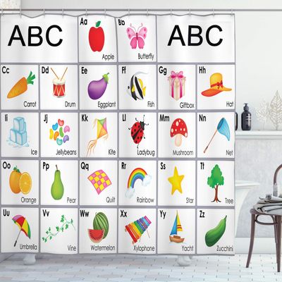 Ambesonne Alphabet Shower Curtain, Themed Squares Letters Animals and Vegetables Composition, Cloth Fabric Bathroom Decor Set with Hooks, 69" W x 84" L, Purple Yellow