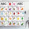 Ambesonne Alphabet Shower Curtain, Themed Squares Letters Animals and Vegetables Composition, Cloth Fabric Bathroom Decor Set with Hooks, 69" W x 84" L, Purple Yellow view 1