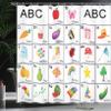 Ambesonne Alphabet Shower Curtain, Themed Squares Letters Animals and Vegetables Composition, Cloth Fabric Bathroom Decor Set with Hooks, 69" W x 84" L, Purple Yellow view 3