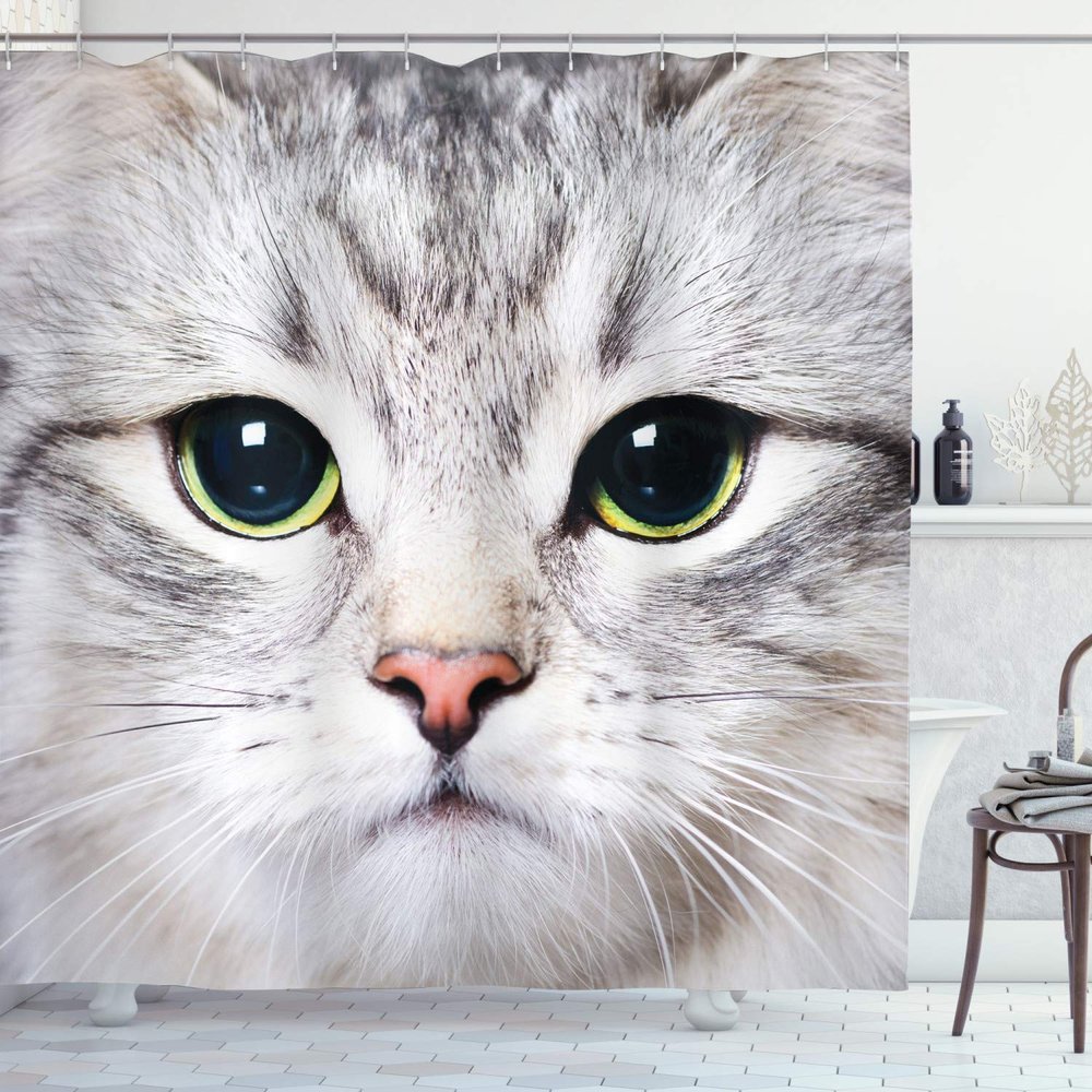 Ambesonne Animal Shower Curtain, Cat Print Kitten Kitty Face Look Closeup Portrait Digital Photography Domestic Pet, Cloth Fabric Bathroom Decor Set with Hooks, 69" W x 75" L, Off White Avacado Green