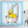 Ambesonne Duck Shower Curtain, Cartoon Character Taking a Bath Colorful Drops Backdrop Dots, Cloth Fabric Bathroom Decor Set with Hooks, 69" W x 84" L, Soft Blue Sky Blue Yellow view 1