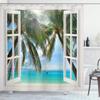 Ambesonne Tropical Shower Curtain, Window to The Exotic Beach Landscape Pastoral Composition with Palm Trees, Cloth Fabric Bathroom Decor Set with Hooks, 69" W x 84" L, White Jade Green Seafoam view 1