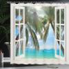 Ambesonne Tropical Shower Curtain, Window to The Exotic Beach Landscape Pastoral Composition with Palm Trees, Cloth Fabric Bathroom Decor Set with Hooks, 69" W x 84" L, White Jade Green Seafoam view 3