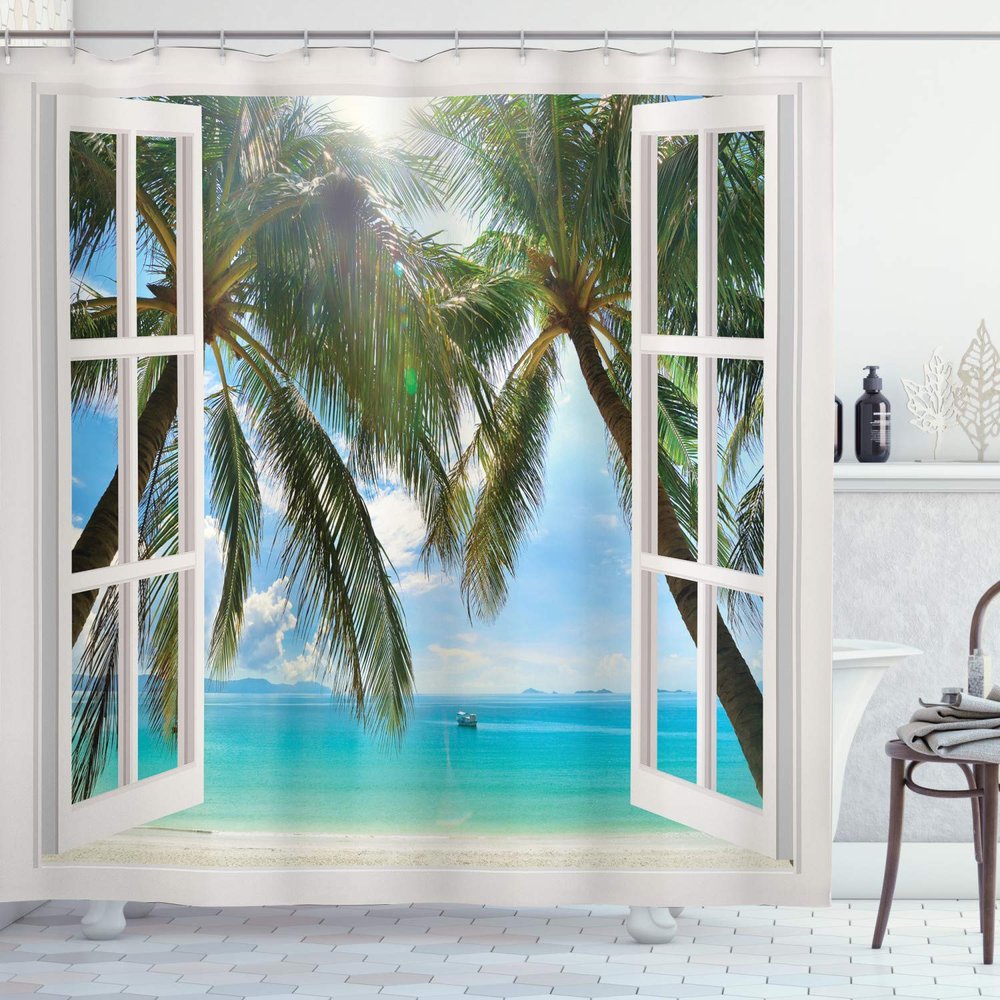 Ambesonne Tropical Shower Curtain, Window to The Exotic Beach Landscape Pastoral Composition with Palm Trees, Cloth Fabric Bathroom Decor Set with Hooks, 69" W x 75" L, White Jade Green Seafoam