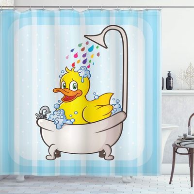 Ambesonne Duck Shower Curtain, Cartoon Character Taking a Bath Colorful Drops Backdrop Dots, Cloth Fabric Bathroom Decor Set with Hooks, 69" W x 75" L, Soft Blue Sky Blue Yellow