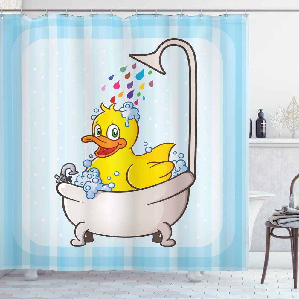 Ambesonne Duck Shower Curtain, Cartoon Character Taking a Bath Colorful Drops Backdrop Dots, Cloth Fabric Bathroom Decor Set with Hooks, 69" W x 75" L, Soft Blue Sky Blue Yellow