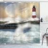 Ambesonne Lighthouse Shower Curtain, Oil Painting Style Art of Stormy Sea Splashing Waves Moon and Lighthouse, Cloth Fabric Bathroom Decor Set with Hooks, 69" W x 84" L, Off White Seafoam Ecru view 1