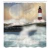 Ambesonne Lighthouse Shower Curtain, Oil Painting Style Art of Stormy Sea Splashing Waves Moon and Lighthouse, Cloth Fabric Bathroom Decor Set with Hooks, 69" W x 84" L, Off White Seafoam Ecru view 2