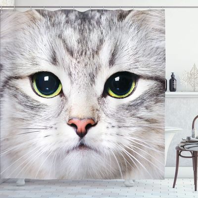 Ambesonne Animal Shower Curtain, Cat Print Kitten Kitty Face Look Closeup Portrait Digital Photography Domestic Pet, Cloth Fabric Bathroom Decor Set with Hooks, 69" W x 84" L, Off White Avacado Green