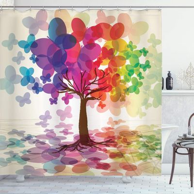 Ambesonne Abstract Shower Curtain, Colorful Blooming Spring Season Tree with Butterflies Pastoral Nature Illustration, Cloth Fabric Bathroom Decor Set with Hooks, 69" W x 84" L, Ivory Multicolor