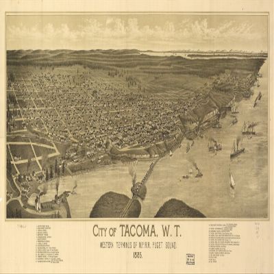 12" x 24" 1885 Map of The City of Tacoma W.T Western Terminus of NPRR Puget Sound