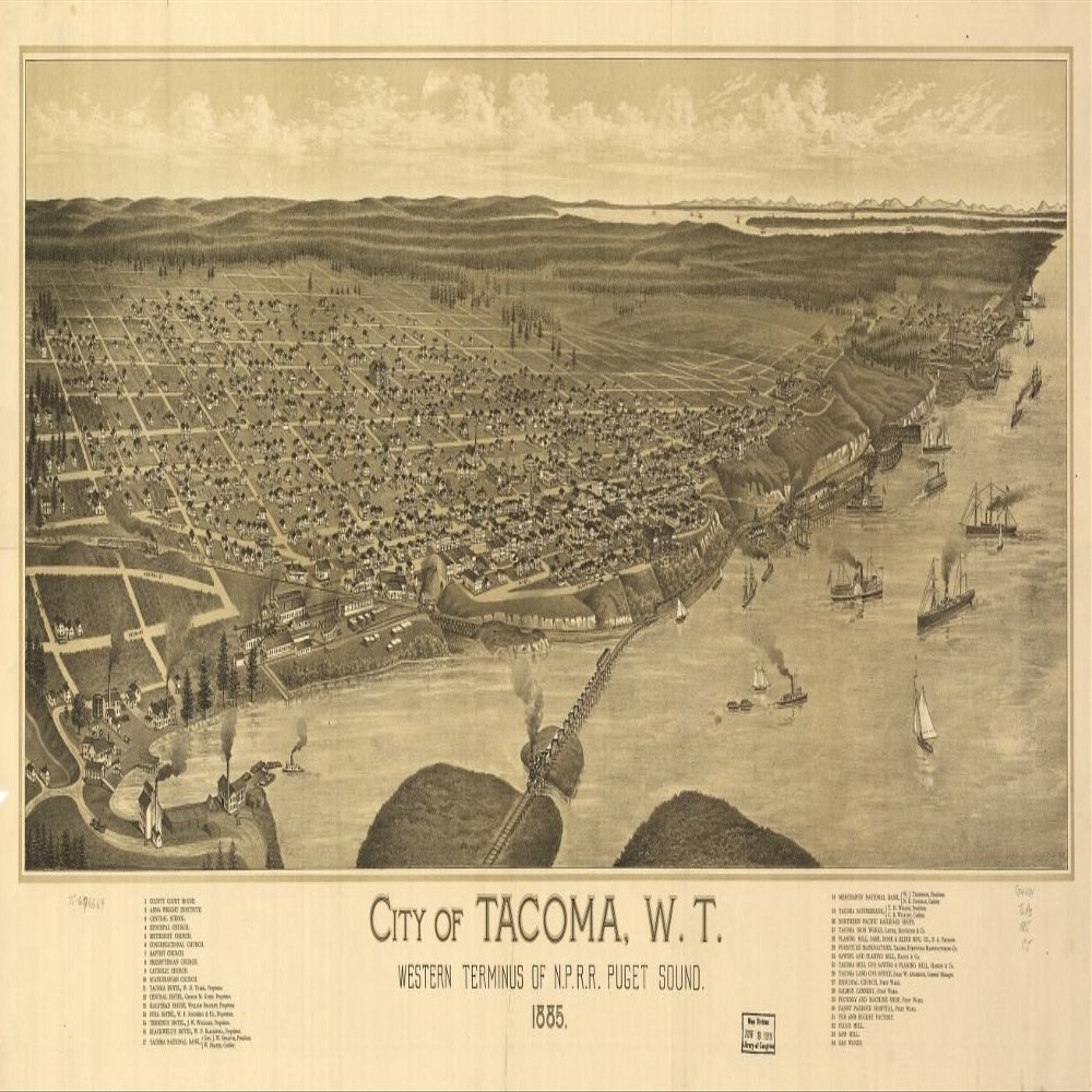 12" x 24" 1885 Map of The City of Tacoma W.T Western Terminus of NPRR Puget Sound