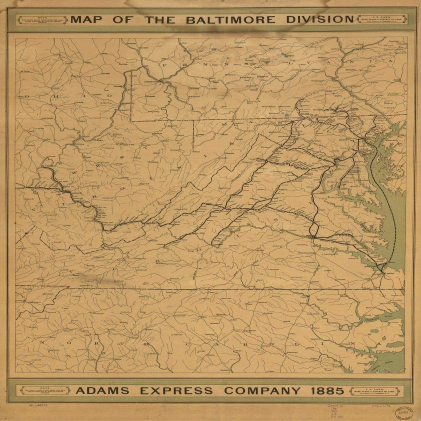 18" x 24" 1885 Map of The Baltimore Division Adams Express Company