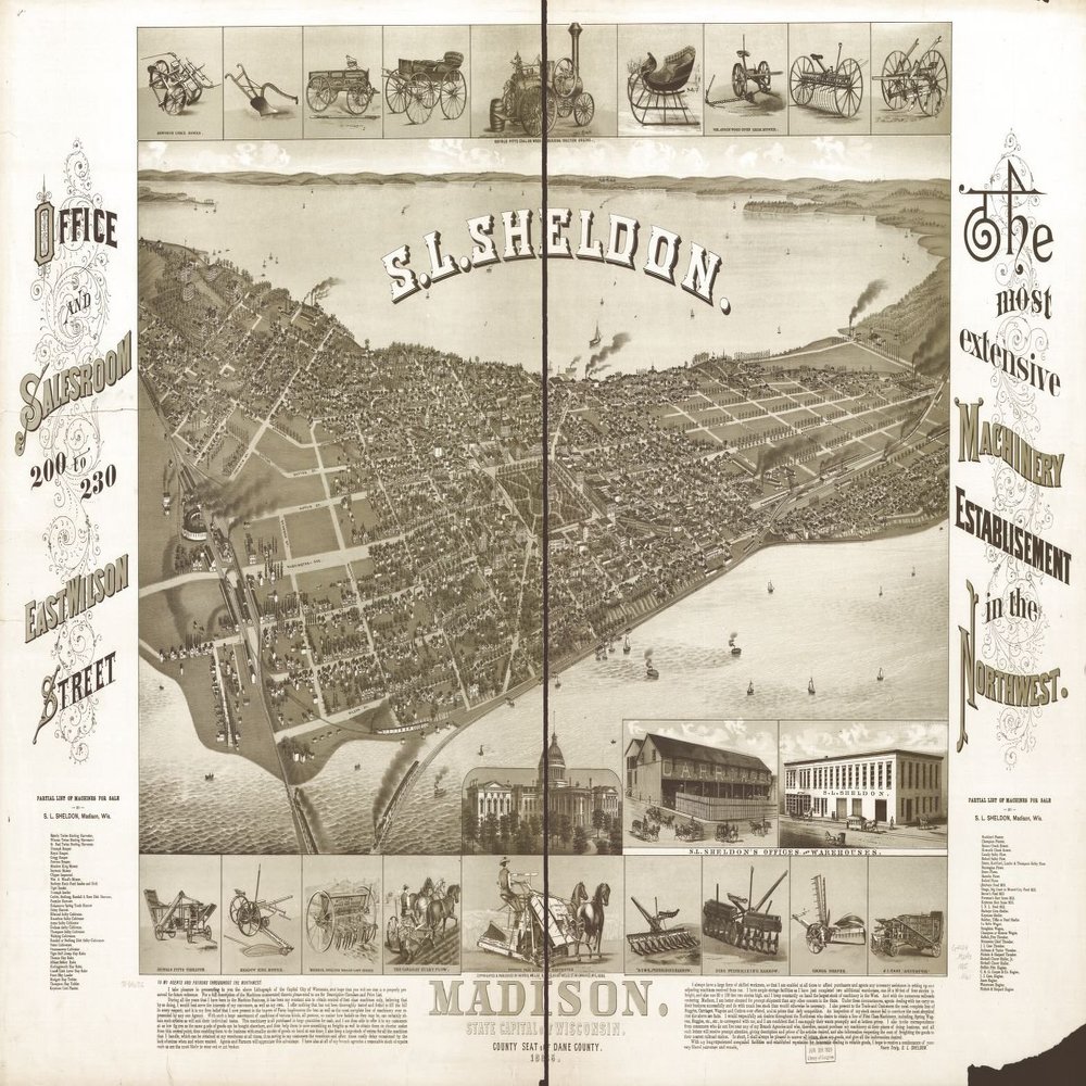 16" x 24" 1885 Map of Madison State Capital of Wisconsin County Seat of Dane County