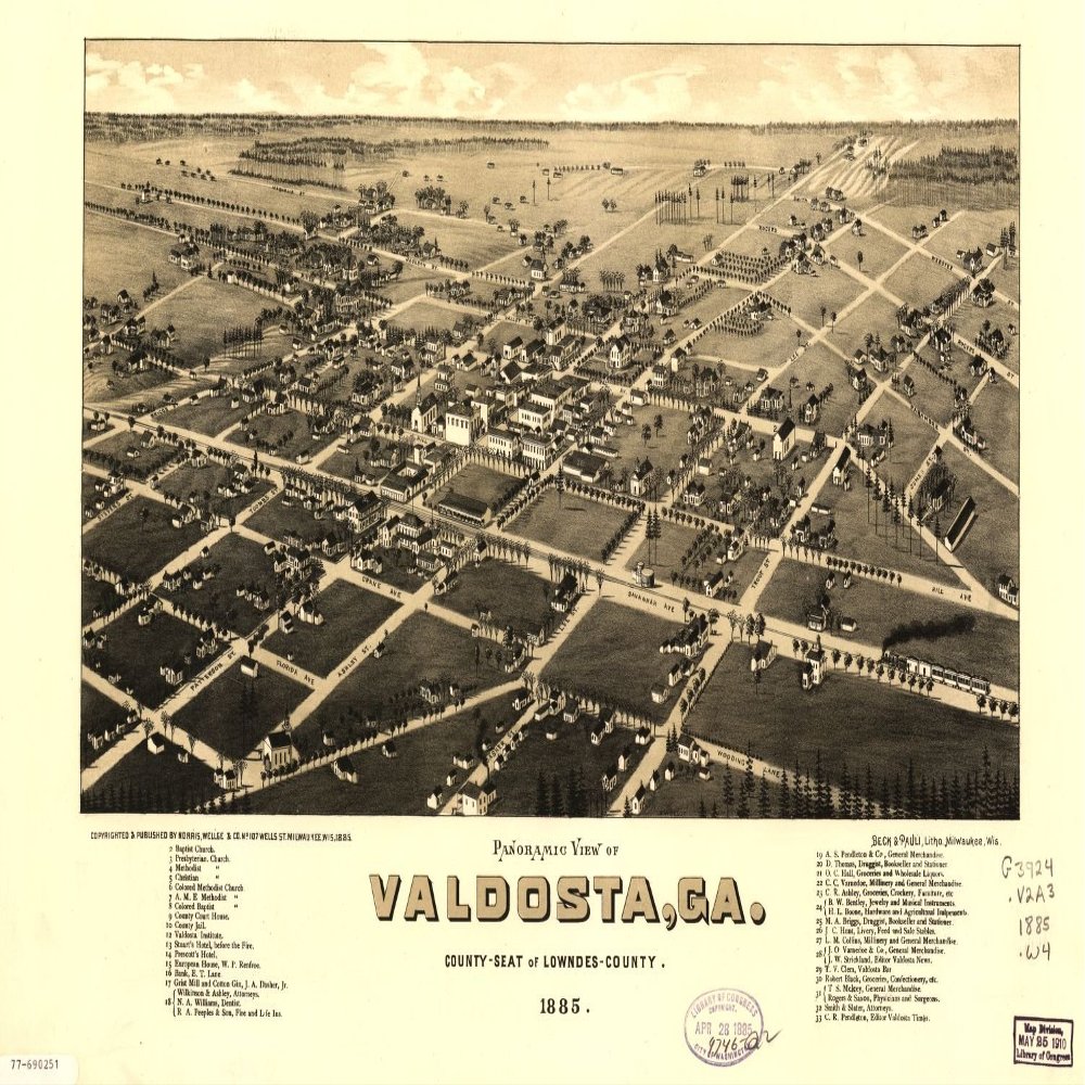16" x 24" 1885 Map of Panoramic View of Valdosta Georgia County Seat of Lowndes County