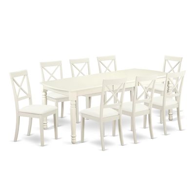 East West Furniture DOBO9-LWH-LC 9 Piece Dining Set Includes a Rectangle Dining Room Table with Butterfly Leaf and 8 Faux Leather Upholstered Kitchen Chairs, 42x78 Inch, Linen White