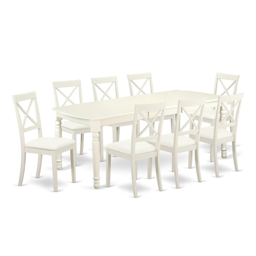 East West Furniture DOBO9-LWH-LC 9 Piece Dining Set Includes a Rectangle Dining Room Table with Butterfly Leaf and 8 Faux Leather Upholstered Kitchen Chairs, 42x78 Inch, Linen White