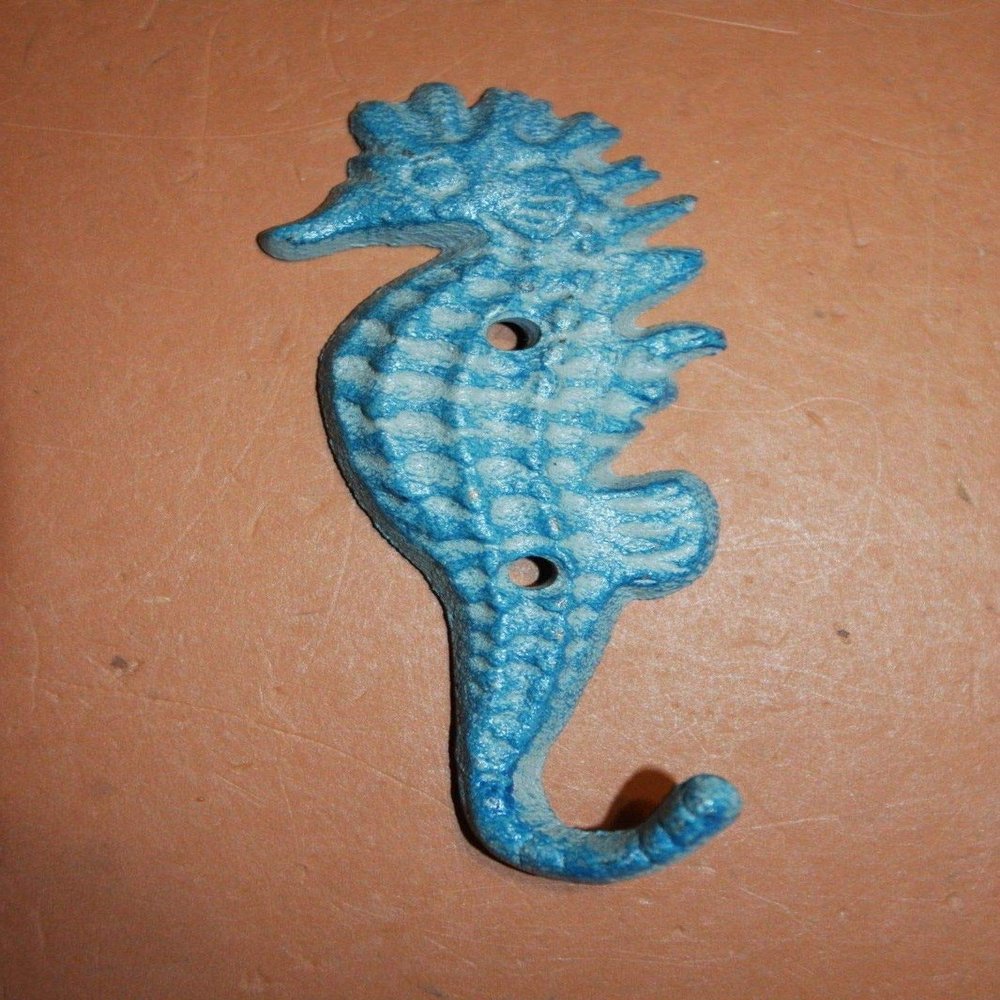 Southern Metal Coastal Seahorse Bath Towel Hook Aqua Cast Iron, 5 3/4", Set of 6, N-2