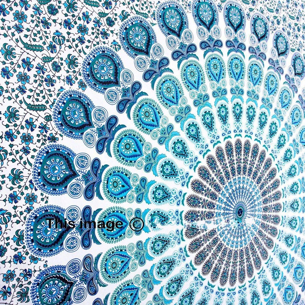 White Blue Peacock Feather Mandala Tapestries Indian Mandala Hippie Tapestry Indian Traditional Beach Throw Wall Art College Dorm Bohemian Beach Blanket Wall Hanging Boho Queen Bedspread 90X84"