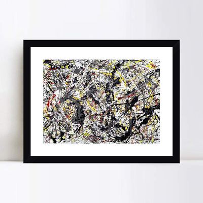 INVIN ART Framed Canvas Giclee Print Art Silver over Black,White,Yellow and Red by Jackson Pollock Abstract Wall Art Living Room Home Office Decorations(Black Frame with Mat,20"x24")